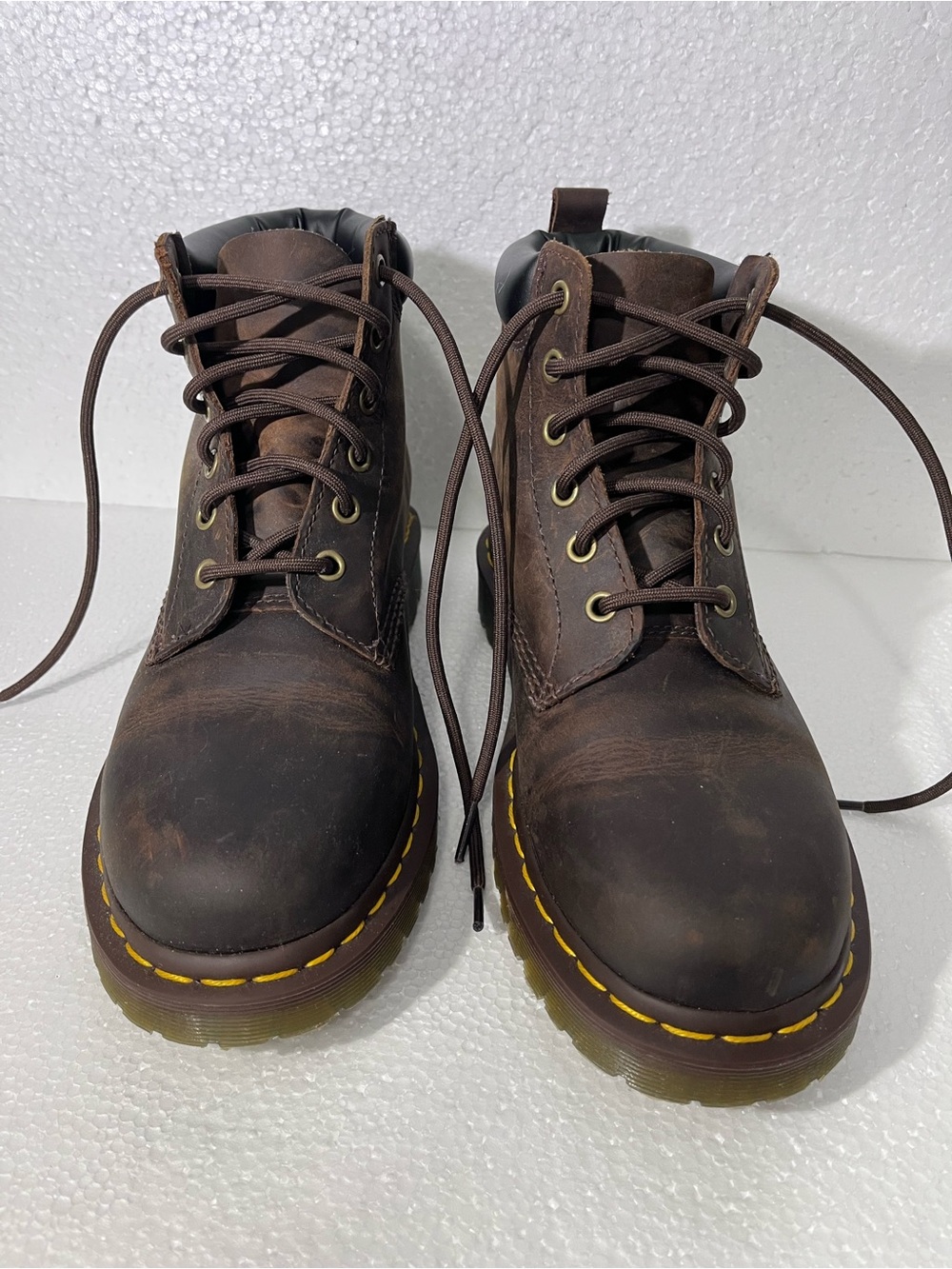 Dr. Martens Dark Brown Leather Lace-Up Ankle Boots with Yellow Welt Stitching